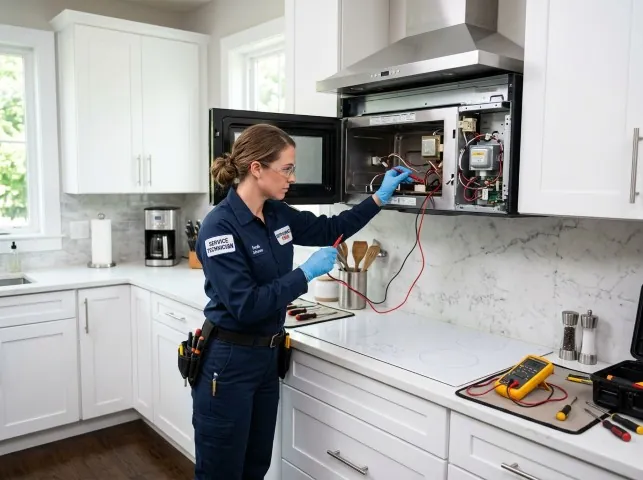 Appliance Repair Hero technician testing an over-the-range microwave in a Buchanan, NY kitchen